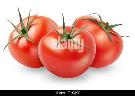 Isolated tomato. Three whole fresh tomatoes isolated on white background, with clipping path Stock Photo