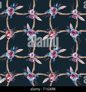 Watercolor floral rustic rope seamless pattern on black background. Roses, Flowers and hand drawn floral illustration Stock Photo