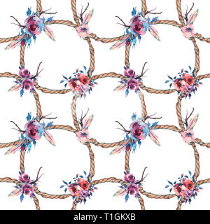 Watercolor floral rustic rope seamless pattern on white background. Roses, flowers and feathers. Hand drawn floral illustration Stock Photo