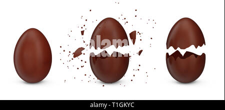 Set sweet chocolate eester eggs, eggs cracked into many pieces isolated on a white background. Chocolate Easter egg, holiday symbol. Egg made from coc Stock Photo