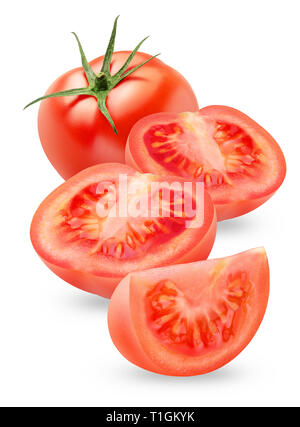 Isolated tomato. Fresh tomatoes cut in pieces isolated on white background, with clipping path Stock Photo