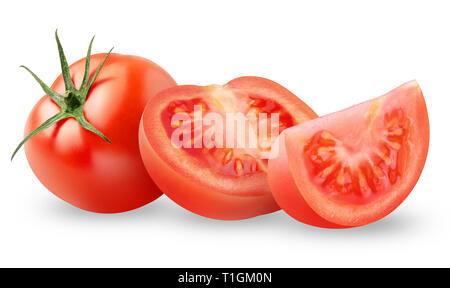 Isolated tomato. Pieces of cut fresh tomatoes over white background, with clipping path Stock Photo