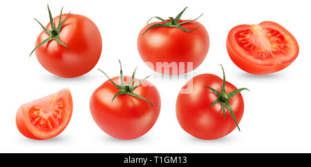 isolated tomato. Four whole fresh tomatoes. Two fresh cut tomatoes isolated on white background, with clipping path Stock Photo