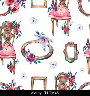 Watercolor Seamless Pattern with Antique Golden Wooden Frame, Flowers, Chair, Hand Painted Vintage Illustration on White Background. Floral Design Col Stock Photo