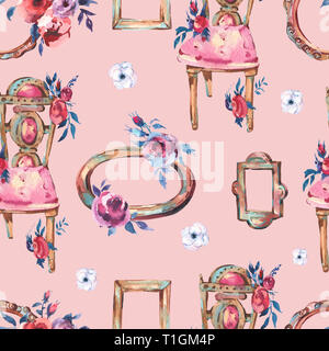 Watercolor Seamless Pattern with Antique Golden Wooden Frame, Flowers, Chair, Hand Painted Vintage Illustration on Pink Background. Floral Design Coll Stock Photo