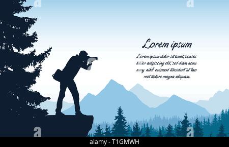Set realistic silhouettes of male photographer standing on rock with camera. Mountain landscape with forest under blue sky, with space for text - vect Stock Vector