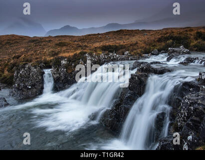 Waterfall on the Allt Dearg Mor River backed by the Cuillin Hills, Sligachan, Isle of Skye, Inner Hebrides, Scotland, UK Stock Photo