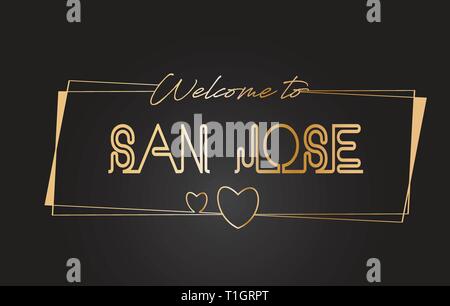 San Jose Welcome to Golden text Neon Lettering Typography with Wired Golden Frames and Hearts Design Vector Illustration. Stock Vector