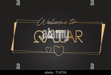 Qatar Welcome to Golden text Neon Lettering Typography with Wired Golden Frames and Hearts Design Vector Illustration. Stock Vector