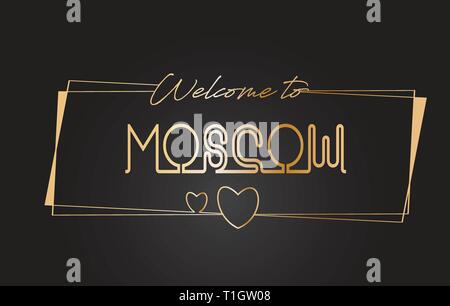Moscow Welcome to Golden text Neon Lettering Typography with Wired Golden Frames and Hearts Design Vector Illustration. Stock Vector
