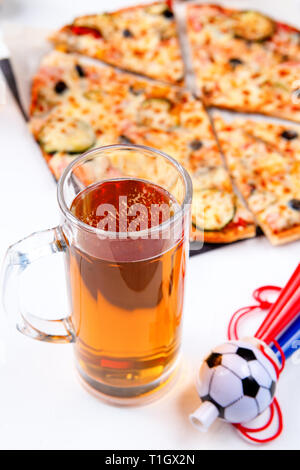 Photo of two glasses with foam beer, pizza on empty white background Stock Photo
