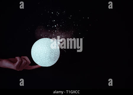 Silhouettes of woman hands up to holding the moon in evening sky with copy space Stock Photo