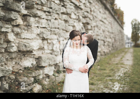 Beautiful romantic wedding couple of newlyweds hugging near old castle Stock Photo