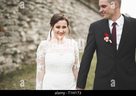 Amazing happy gentle stylish beautiful romantic caucasian couple on the background ancient baroque castle Stock Photo