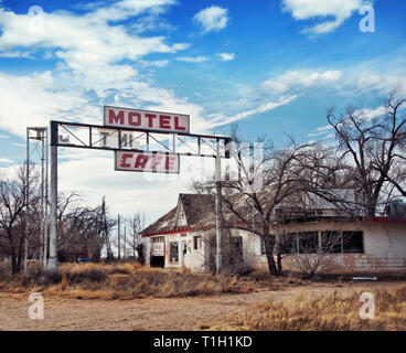 Glenrio, next to the TX-NM state line, USA.March 10 2019.Ghost town on Route 66.State Line Cafe, Gas Station, Texas Longhorn Motel . Stock Photo