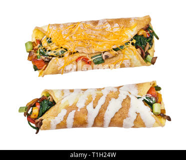 Egg wrap with vegetables and bacon isolated on white background Stock Photo