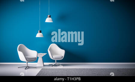 3D rendering of armchair and seat in living room in front of blue wall with copy space and modern or minimalistic interior and white floor Stock Photo