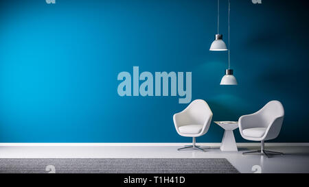 3D rendering of armchair and seat in living room in front of blue wall with copy space and modern or minimalistic interior and white floor Stock Photo