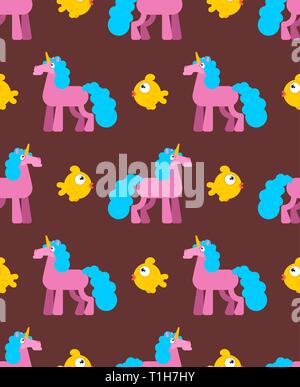 Unicorn and gold fish pattern seamless. Magic childrens background. Magic horse with horn on head. Vector ornament Stock Vector