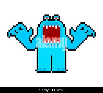 Angry cartoon Monster pixel art with open mouth. Vector 8 bit Stock Vector