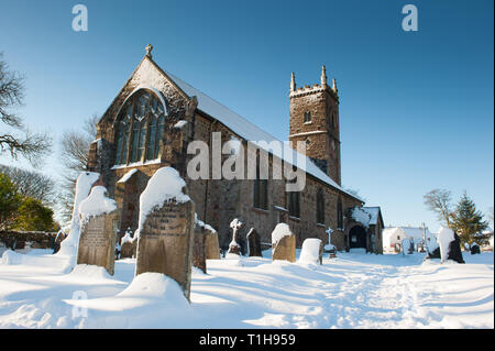 St Michael's and All Angels Church, Princetown, Dartmoor, Devon on a snowy day in winter Stock Photo