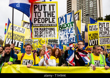 London, UK. 23 March 2019. Remain supporters and protesters take part in a march to stop Brexit in Central London calling for a People's Vote. Stock Photo