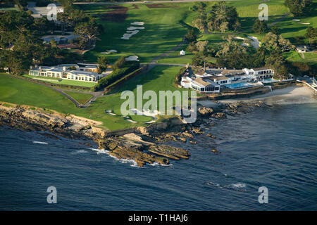 21st March, 2019  Pebble Beach, California, USA Aerial view over the iconic Pebble Beach Golf lLinks - venue for the 2019 US Open golf Championshipas  Stock Photo