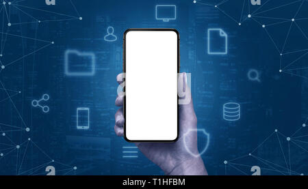 Phone mockup surrounded with internet, tehnology, cloud, network icons and digital network concept. Stock Photo