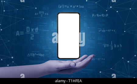 Hand hold modern smart phone with isolated screen for mockup, surrounded with math formulas and network threads. Stock Photo