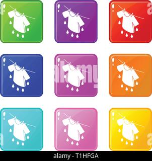 Shirt drying icons set 9 color collection Stock Vector