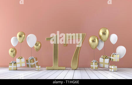 Number 17 birthday party composition with balloons and gift boxes. 3D Rendering Stock Photo