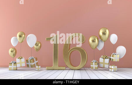 Number 16 birthday party composition with balloons and gift boxes. 3D Rendering Stock Photo