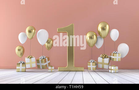 Happy 50th birthday party composition with balloons and presents. 3D Render  Stock Illustration by ©InkDropCreative #254018466
