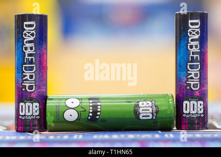 18650 batteries wrapped in aftermarket ODB Wraps Stock Photo