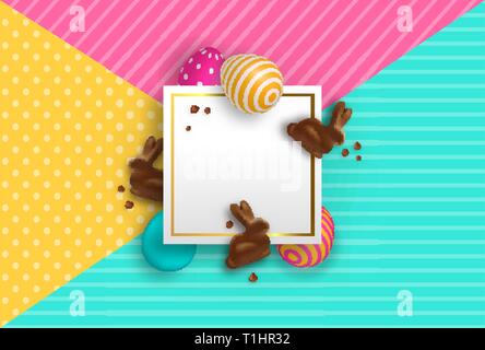 Happy Easter greeting card template. Empty paper sign with copy space, colorful 3d eggs and chocolate bunny. Realistic holiday decoration for spring c Stock Vector