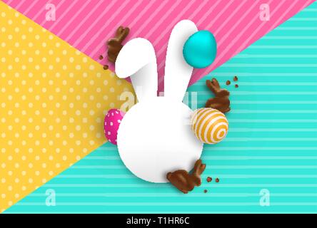 Happy Easter greeting card template. Empty rabbit ear sign with copy space, colorful 3d eggs and chocolate bunny. Realistic holiday decoration for spr Stock Vector