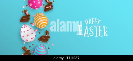 Happy Easter banner illustration of colorful 3d eggs, chocolate bunny and spring flower petals. Realistic holiday decoration with typography quote for Stock Vector