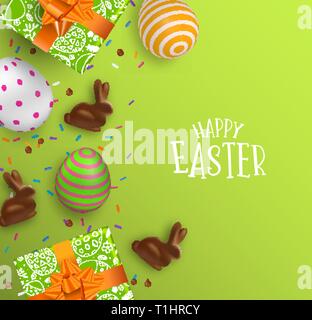 Happy Easter greeting card illustration of colorful 3d eggs, chocolate bunny and gift box. Realistic holiday decoration with typography quote for trad Stock Vector