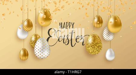Happy Easter luxury greeting card illustration. Realistic 3d gold eggs with flower petals for traditional spring holiday. Stock Vector
