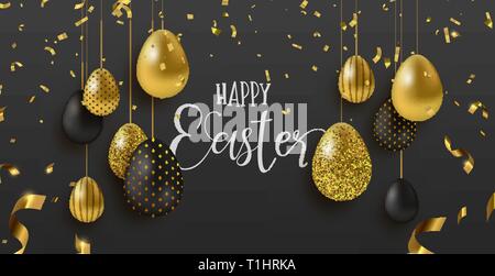 Happy Easter luxury greeting card illustration. Realistic 3d gold eggs with golden party confetti for traditional spring holiday. Stock Vector