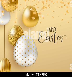 Happy Easter luxury greeting card illustration. Realistic 3d gold eggs with flower petals for traditional spring holiday. Stock Vector
