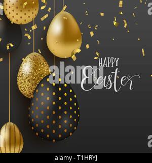 Happy Easter luxury greeting card illustration. Realistic 3d gold and black eggs with golden party confetti for traditional spring holiday. Stock Vector