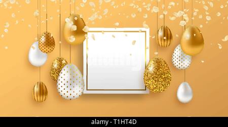 Happy Easter luxury greeting card template. Empty copy space sign with realistic 3d gold eggs and flower petals for traditional spring holiday. Stock Vector