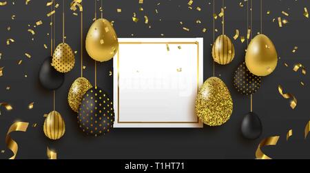 Happy Easter luxury greeting card template. Empty copy space sign with realistic 3d gold eggs and party confetti for traditional spring holiday. Stock Vector
