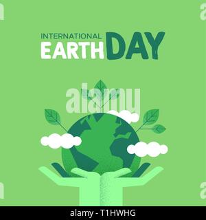 International Earth Day illustration of green human hands holding planet with leaves. Social environment care awareness concept. Stock Vector