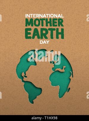 International Mother Earth Day poster illustration of green papercut world map. Recycled paper cutout for planet conservation awareness. Stock Vector