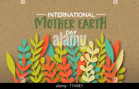 International Mother Earth Day illustration of colorful papercut leaves on recycled paper background. Stock Vector