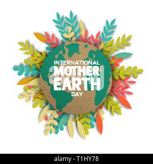 International Mother Earth Day illustration. Recycled world map paper frame on papercut color leaves for eco friendly concept. Stock Vector