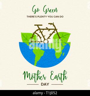 Mother Earth Day illustration of bike inside green planet for eco friendly transport and environment care. Stock Vector