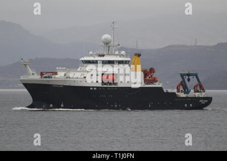 RRS James Cook, a research vessel operated by the Natural Environment Research Council, on an outbound journey after a visit to the Firth of Clyde. Stock Photo